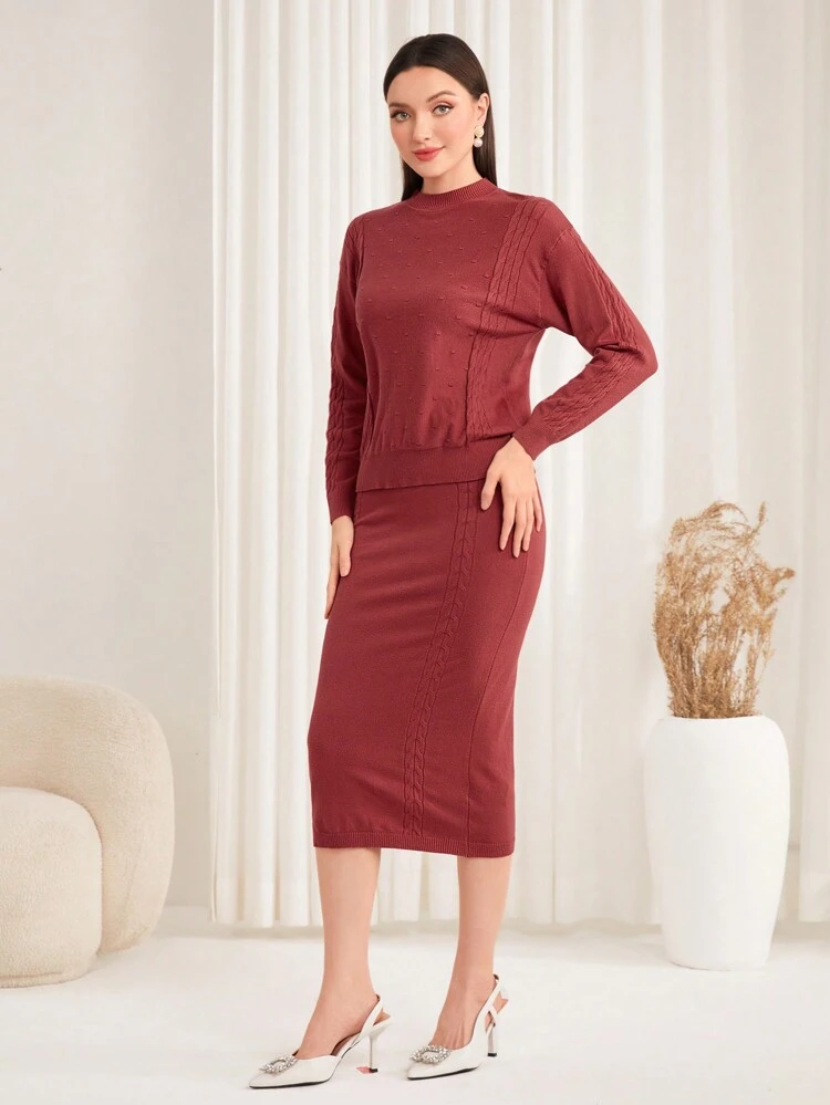 Women'S Stand Collar Sweater And Knit Skirt Set 2 Piece Set