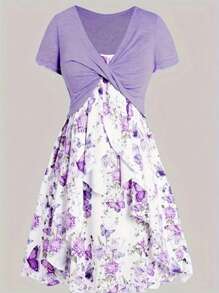 Twist Front Crop Top With Floral Print Dress - Purple - View 1
