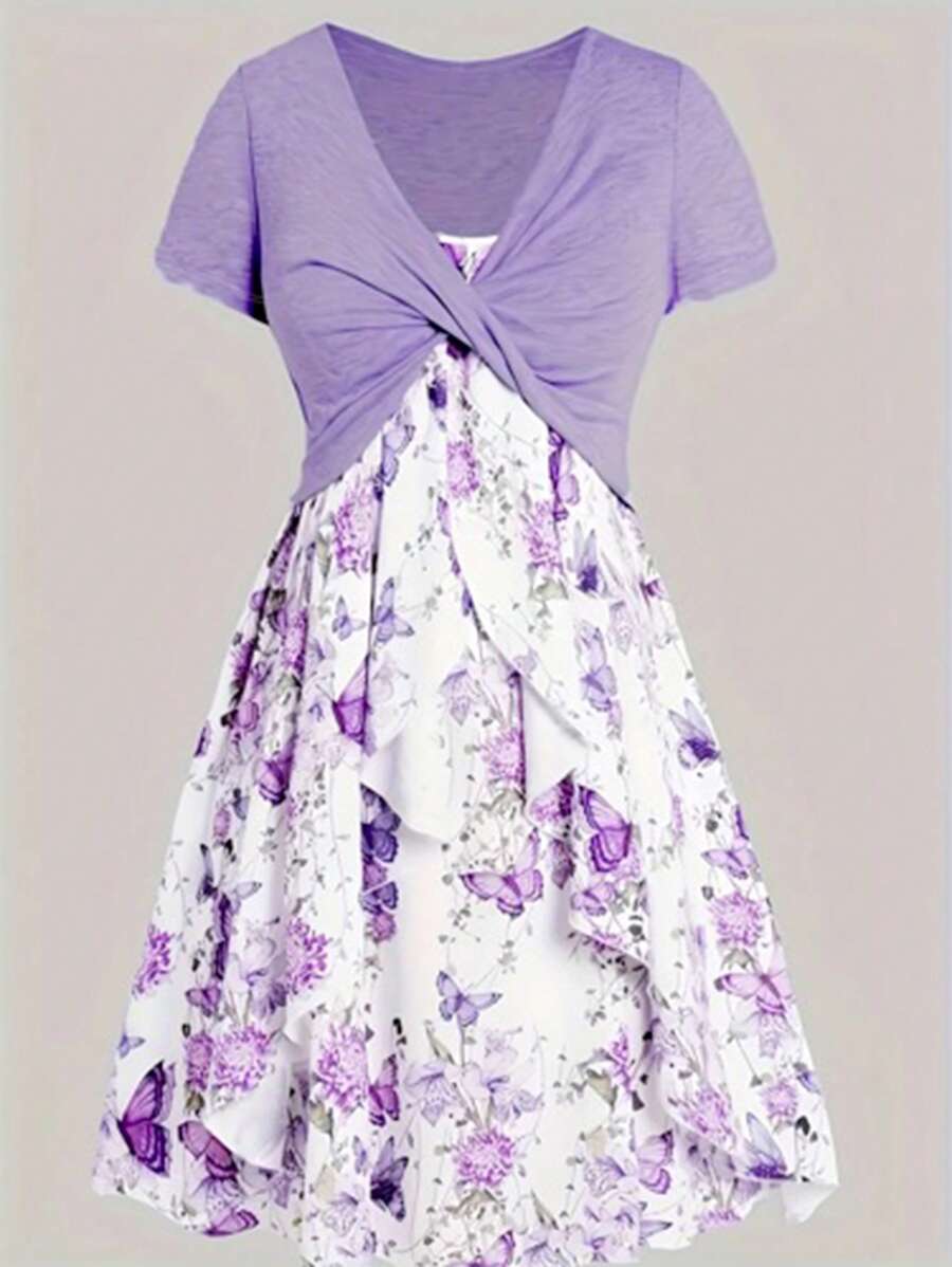 Twist Front Crop Top With Floral Print Dress - Purple - View 1