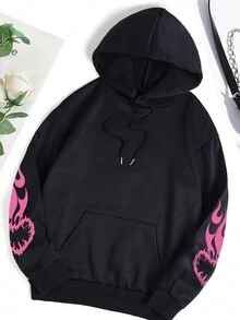 SHEIN EZwear 卡通和字母圖案袋鼠口袋抽繩保暖連帽衫 - 黑色 - 查看 2