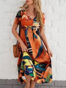 SHEIN LUNE 滿版印花V領洋裝 - 彩色 - 查看 1