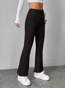 SHEIN PETITE Solid Ribbed Knit Flare Leg Pants - Black - View 3
