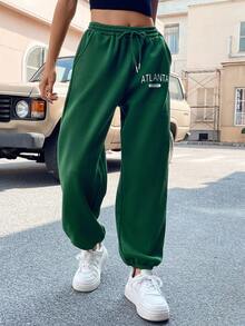 SHEIN EZwear Của phụ nữ In thư Eo dây rút & Đàn hồi Cổ tay áo Quần Chạy bộ - Màu xanh lá cây đậm - Xem 5