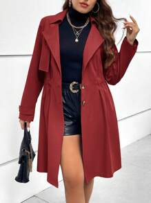 SHEIN Essnce Plus Lapel Neck Trench Coat - Burgundy - View 3