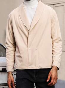 Manfinity Homme Áo khoác nam cổ khăn choàng cài hai hàng khuy dáng rộng, vải nhung kẻ - Màu be - Xem 4