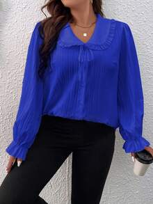 SHEIN Franclia Plus Peter Pan Collar Flounce Sleeve Blouse - Royal Blue - View 3
