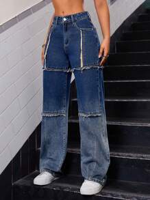 SHEIN ICON Xén Thô quần ống rộng Quần jean - Rửa trung bình - Xem 4
