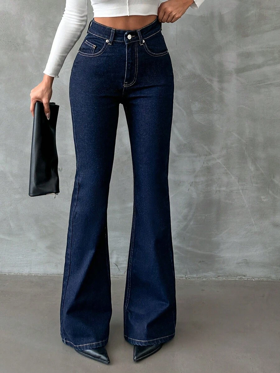 EURMUSE Zip Front Flare Leg Jeans - Dark Wash - View 1
