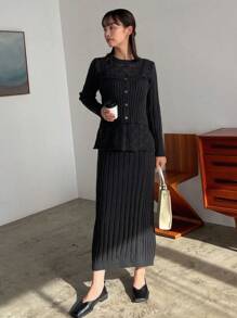 FRIFUL Solid Color Hollow Out Sweater, Knitted Top And Pleated Skirt Outfit Fall - Grey - View 4