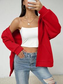 SHEIN EZwear 拉鍊落肩連帽衫 - 酒紅色 - 查看 4