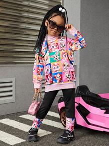 SHEIN Young Girl Cartoon Graphic Drop Shoulder Pullover & Leggings - Multicolor - View 1