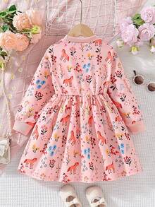 女童華麗花卉印花長袖洋裝,適合秋冬假期派對穿著 - 粉色 - 查看 2