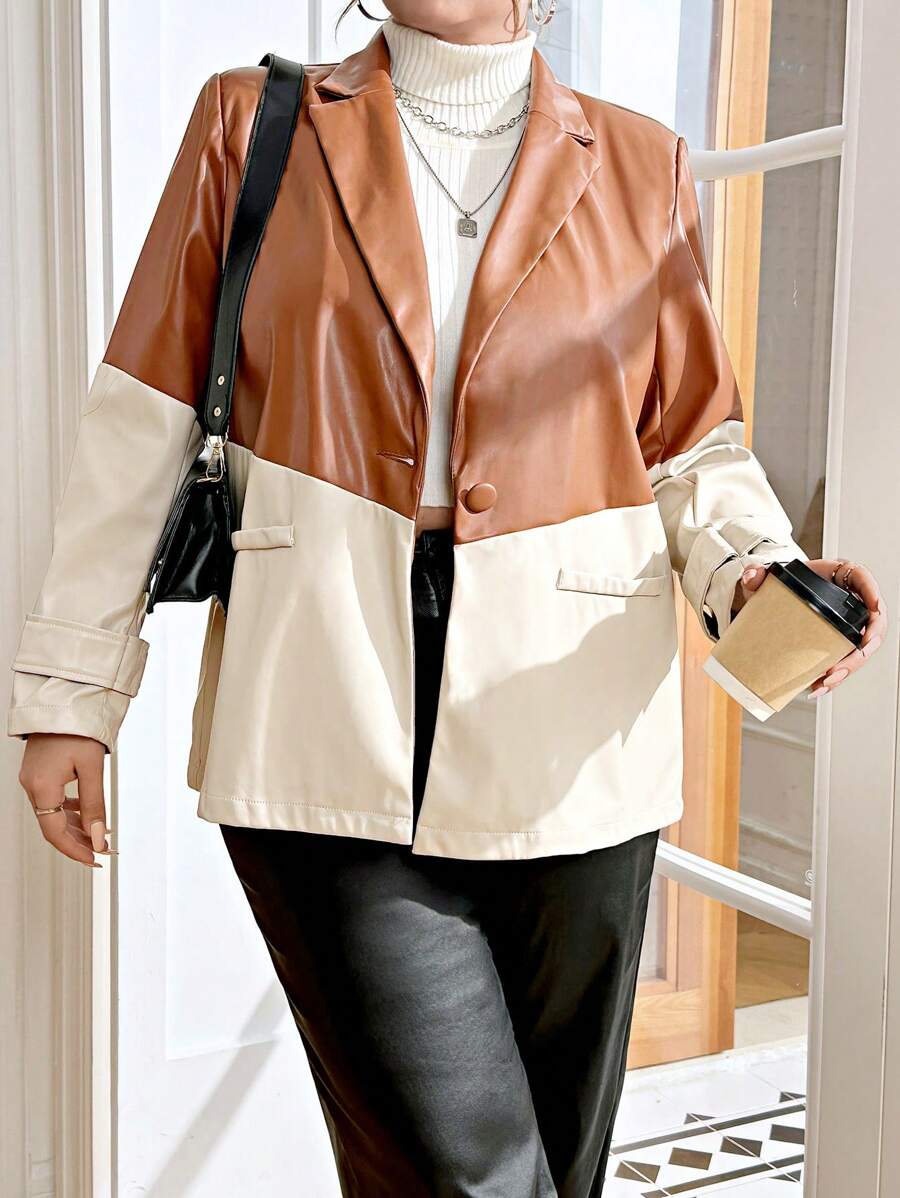 SHEIN Essnce Plus Two Tone Single Button PU Leather Blazer - Multicolor - View 1