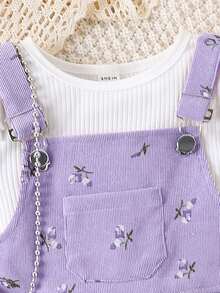 Young Girl Ruffle Trim Tee & Ditsy Floral Print Overall Jumpsuit - Purple - View 5
