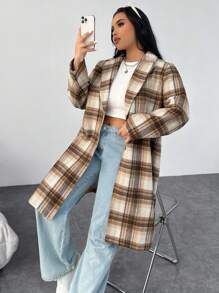 SHEIN EZwear 加大尺碼單排扣格紋羊毛外套