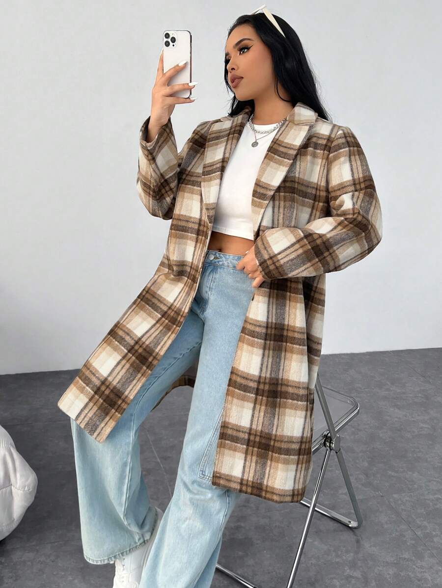 SHEIN EZwear 加大尺碼單排扣格紋羊毛外套