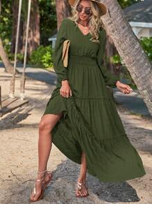 SHEIN LUNE Sólido Bainha Com Babado Vestido Linha A - Verde Militar - Visão 5