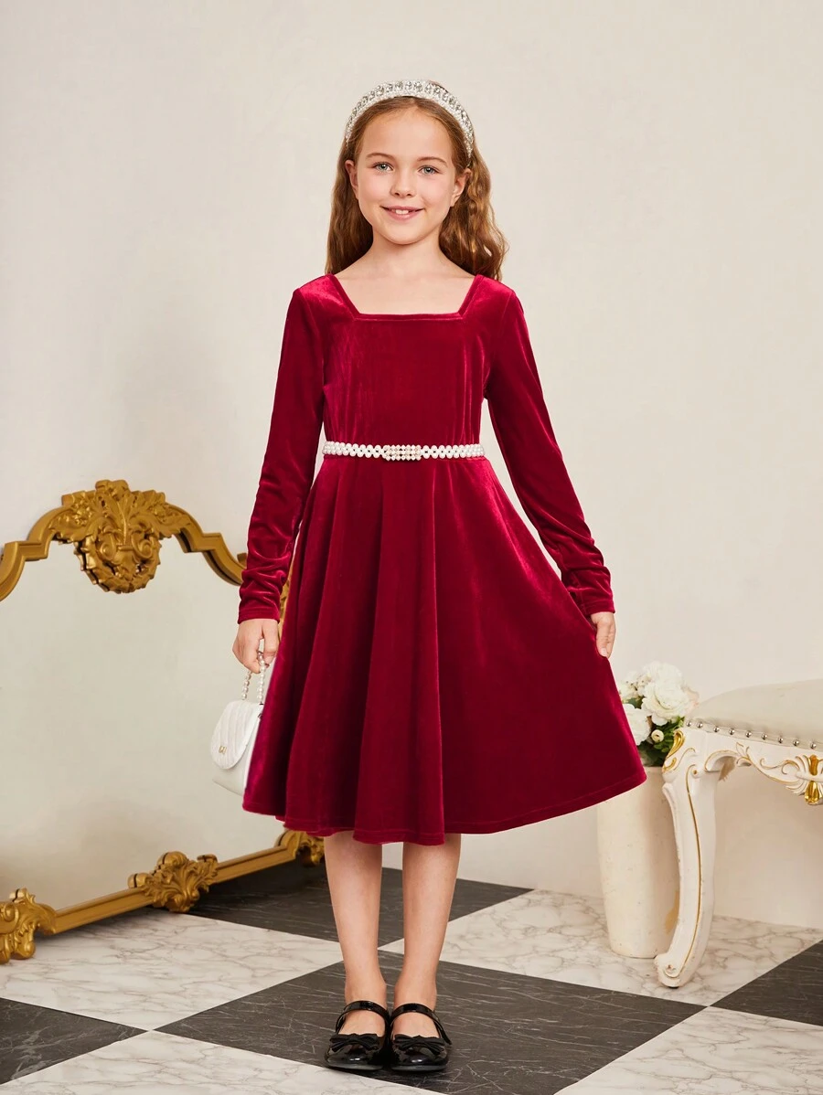 SHEIN Cô gái Dệt kim Màu thuần Lông tơ Ngắn Cổ vuông Đầm giản dị - Đỏ - Xem 1