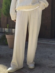 DAZY Chất rắn Túi nghiêng Quần ống rộng - Màu be - Xem 1