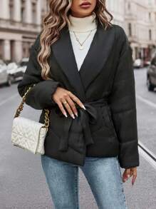 SHEIN LUNE 披肩领加厚棉服外套冬季衣服带斜口袋和腰带 - 黑色 - 查看 3