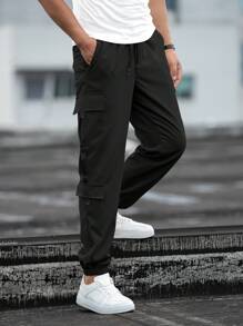 Manfinity Homme Loose Fit Men's Letter Patchwork Cargo Pants With Flap Pockets, For Fall - Black - View 3