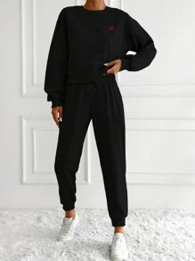 EURMUSE Women's Heart Print Drop Shoulder Sweatshirt And Joggers Set - Black - View 4