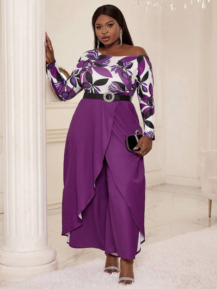 SHEIN Lady Hơn In hoa Cổ không đối xứng Bao bên Áo liền quần - Nhiều màu - Xem 1