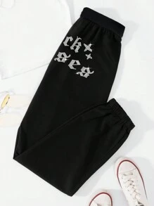 SHEIN Unity 女式水钻装饰休闲运动裤 - 藍色 - 查看 1