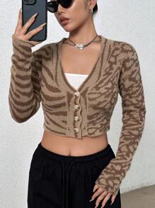 SHEIN Unity 圖形圖案前紐扣短款開衫 - 棕色 - 查看 1