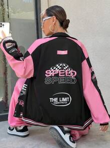 StreetHx Letter Graphic Colorblock Drop Shoulder Jacket Fall Winter Cloth For Women - Black - View 1