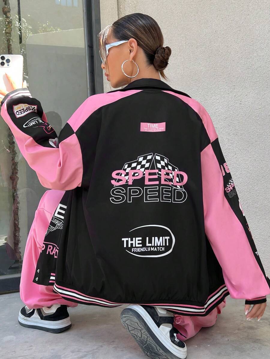 StreetHx Letter Graphic Colorblock Drop Shoulder Jacket Fall Winter Cloth For Women - Black - View 1