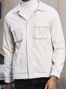 Manfinity Homme Lỏng lẻo phù hợp Nam Màu thuần Áo khoác Với Flap túi - Màu be - Xem 4