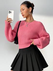 SHEIN Unity 素色落肩袖套頭毛衣 - 粉色 - 查看 3
