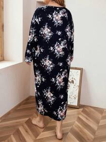 Plus Size Women's Comfortable Floral Printed Pajama Dress, Can Be Worn Outside, Long Dress