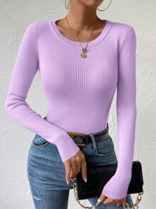 SHEIN Essnce Solid Ribbed Knit Sweater - Purple - View 5