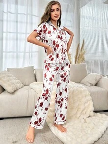 女士花卉印花睡衣套裝 - 白色 - 查看 6