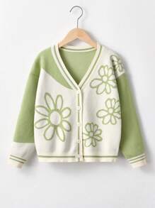 SHEIN Tween Girl Floral Pattern Striped Trim Drop Shoulder Cardigan - Green - View 1
