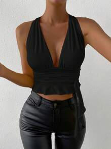 Allurite Cổ Lao Ca-vát Backless Áo Crop Halter - màu đen - Xem 6