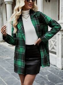 SHEIN ChicEase 格紋印花西裝領雙排釦花呢外套 - 綠色 - 查看 6