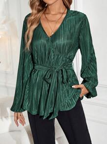 EMERY ROSE Textured Tie Waist Women's Top - Green - View 6