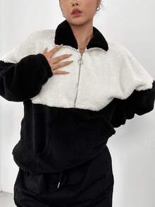 SHEIN EZwear 雙色半拉鏈落肩袖運動衫 - 黑與白 - 查看 3