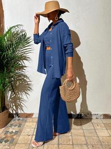 EURMUSE Solid Crop Tank Top & Shirt & Trousers - Blue - View 5