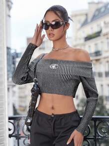 SHEIN ICON Women's Off Shoulder Striped Sweater - Multicolor - View 6