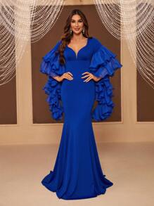SHEIN Belle Women's Exaggerated Tiered Ruffle Sleeves Slim Fit Fishtail Evening Dress - Blue - View 6