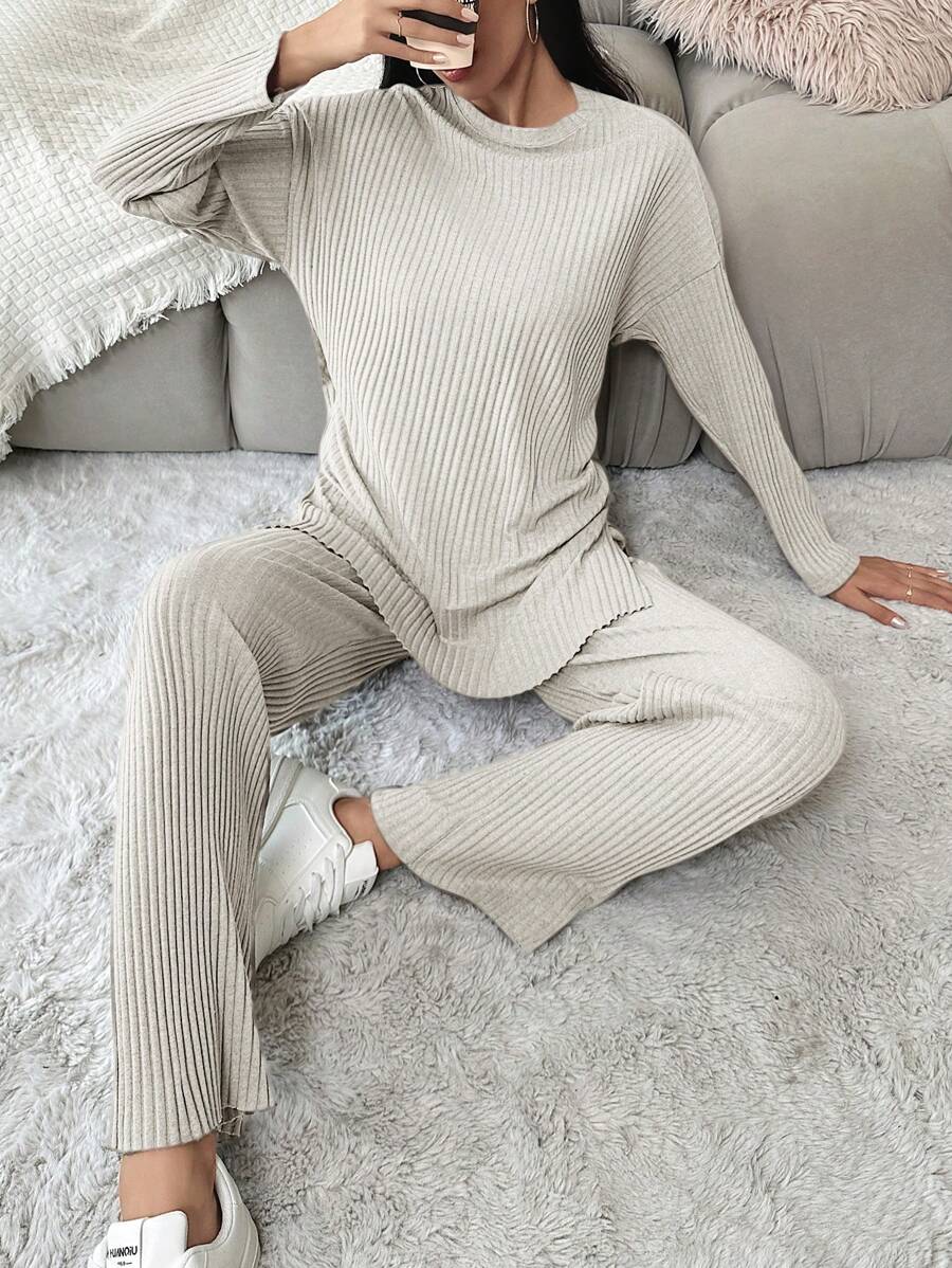 EURMUSE Cotton Drop Shoulder Split Hem Tee & Pants - White - View 1