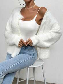 SHEIN LUNE Pearls Beaded Drop Shoulder Fuzzy Duster Cardigan Fall Winter Cloth For Women - White - View 5