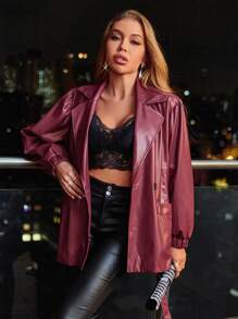 GENKIRA Blazer De Color Sólido Con Cuello De Solapa, Bolsillos Y Frente Anudado - Burdeos - Ver 5