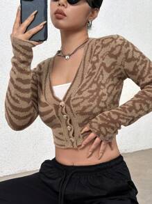 SHEIN Unity 圖形圖案前紐扣短款開衫 - 棕色 - 查看 5