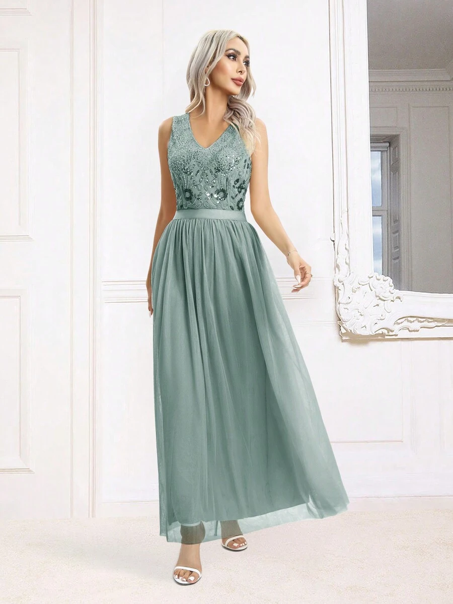 Contrast Sequin Mesh Formal Dress - Green - View 1