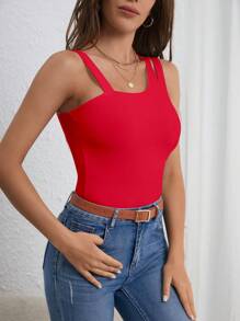 SHEIN Essnce Solid Asymmetrical Neck Cut Out Shoulder Top - Red - View 3